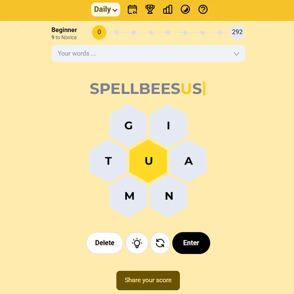 Spelling bee game honeycomb showing 7 letters with center letter highlighted