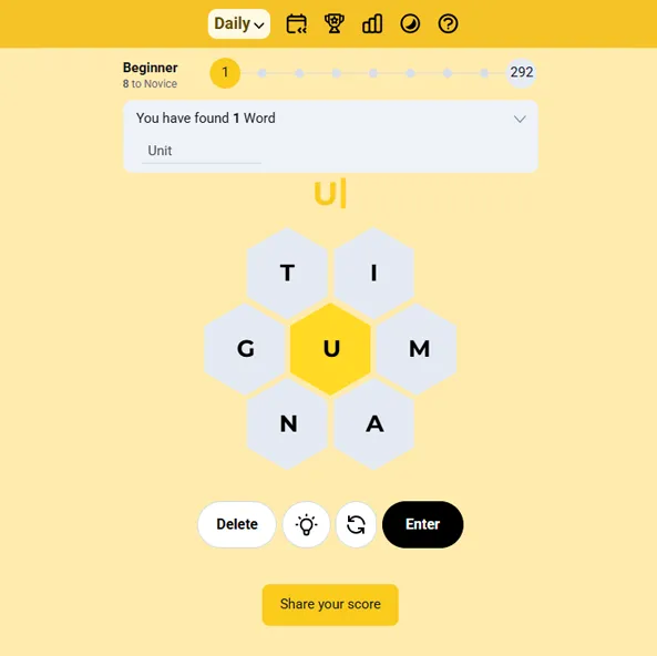 Spelling bee word list showing found words and current score progress